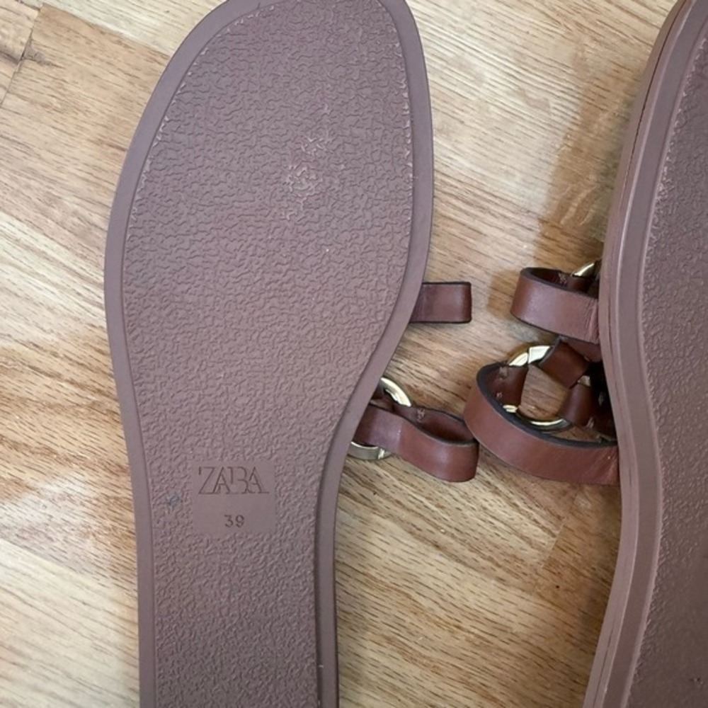 Zara Womens Brown Strappy Flat Sandals Gold Ring Hardware Thong Slides Size 39 - Picture 5 of 5